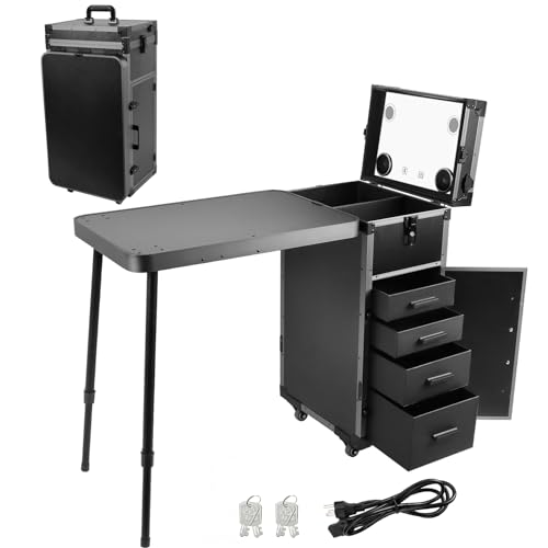 Lorvain Rolling Manicure Table Makeup Train Case with Foldable Nail Desk Makeup Workstation, Travel Cosmetic Trolley Storage Organizer with 4 Drawers Mirror & Speaker for Technician Nail Salon
