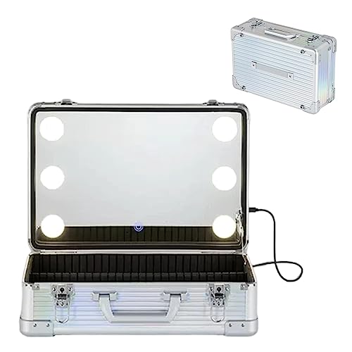 伟 祥 Makeup Train Case with Mirror, Makeup Bag with Mirror, Rechargeable Cosmetic Case with Adjustable Brightness, Waterproof Makeup Travel Case-Silver||45x30x16cm