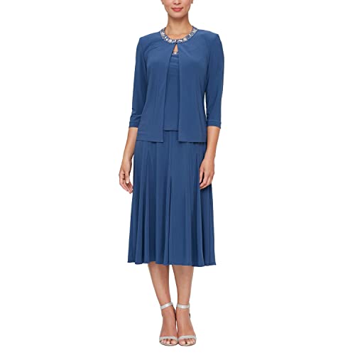 Alex Evenings Women's 2 Piece Tea Length Jacket Dress with Sequin Beaded Trim