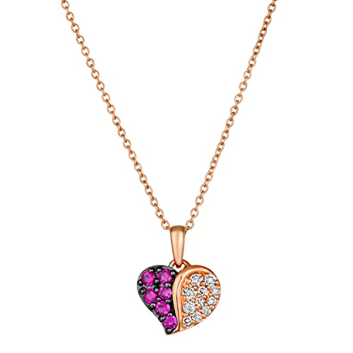 1/8 Carat Diamond and 1/5 Carat Red Ruby Heart Pendant Necklace for Women in 14k Rose Gold (White, cttw) on 18 Inch Chain by LeVian