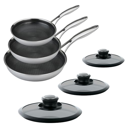 Black Cube Hybrid Quick Release Cookware 6 Piece Fry Pan Set, 8, 11 and 12.5-Inch Frying Pans with Tempered Glass Lids, Stay-Cool Handle, Dishwasher and Oven Safe, Induction Suitable Cookware