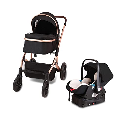 3 in 1 Infant Baby Stroller with Bassinet Mode,Car Seat & Latch Base - Rear Facing Car Seat and Car Seat Base, Car Seat to Stroller in Seconds - Travel System Compatible Foldable Infant (Color:Black)