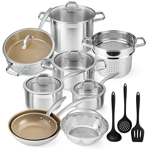 Duxtop 17PC Professional Stainless Steel Induction Cookware Set, Stainless Steel Ceramic Nonstick Pan Set, Impact-bonded Technology, FUSION Titanium Reinforced Ceramic Coating, Brown