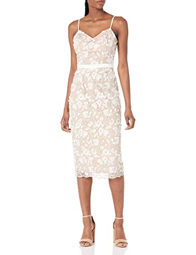 Dress the Population Women's Emma V Neck Embroidered Sleeveless Belted Midi Dress
