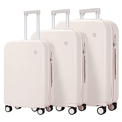 Mixi 3-Piece Luggage Set Hardside PC Travel Suitcase Rolling Bag Spinner Wheels TSA Lock, 20+24+28 Off White(Slight Pink), with Cover