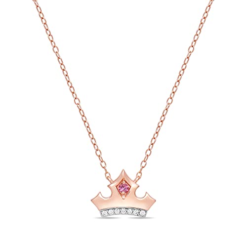 Jewelili Enchanted Disney Fine Jewelry 10K Rose Gold 1/20 CTTW Diamond and Pink Topaz Aurora Tiara Necklace