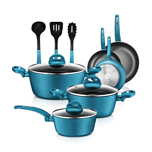 12-Piece Nonstick Kitchen Cookware Set - PTFE/PFOA/PFOS-Free Heat Resistant Lacquer Kitchen Ware Pots Pan Set Light Gray/Green - Saucepot, Pans, Cooking Pot Oven Pot, Lid, Utensil - NutriChef NCCW12GR