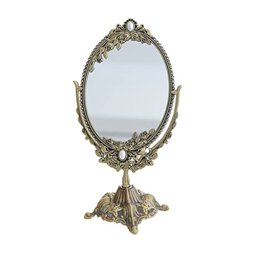 Retro Decorative Colorless Dressing Table Metal Double Sided Table Mirrors Copper European Style Makeup Mirrors (Color : D, Size : 16.5 * 29cm)